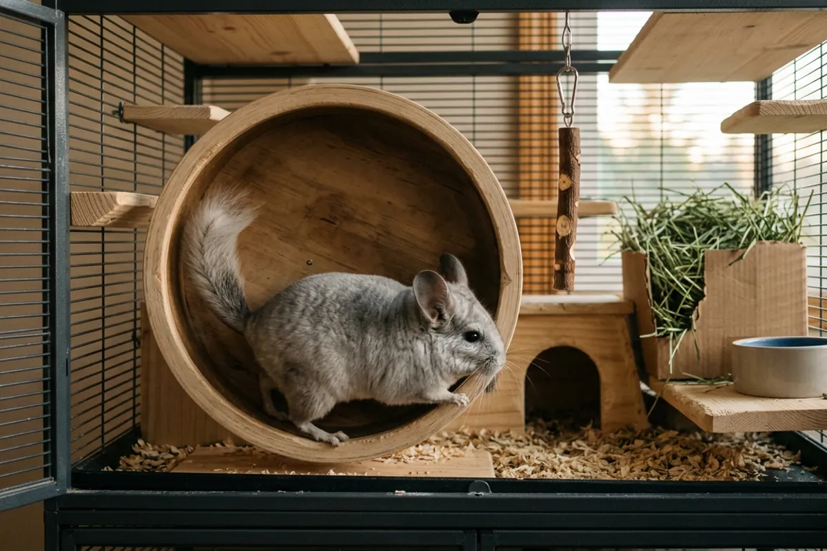 A chinchilla on a solid wheel with wood chews, the enrichment that replaces a soft toy chinchilla
