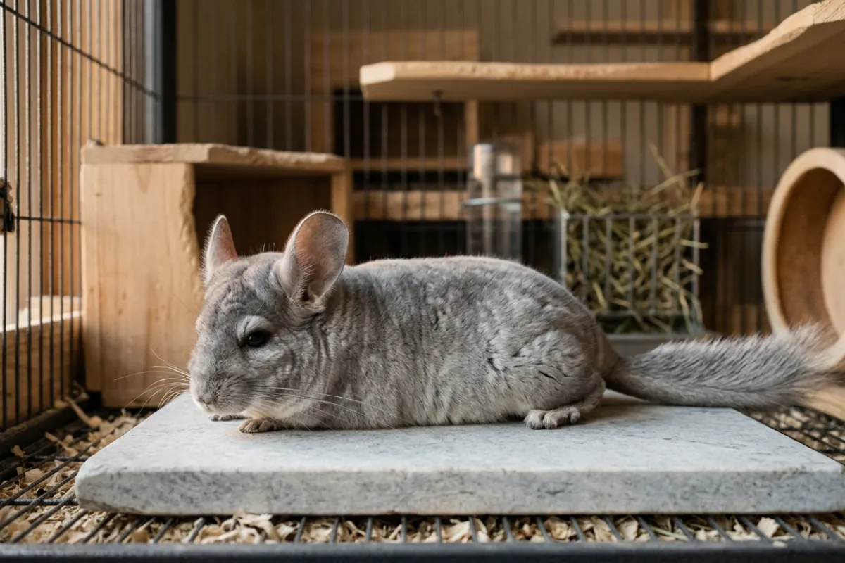 A chinchilla resting on a cooling stone, a real chinchilla and not a Soviet Chinchilla rabbit.