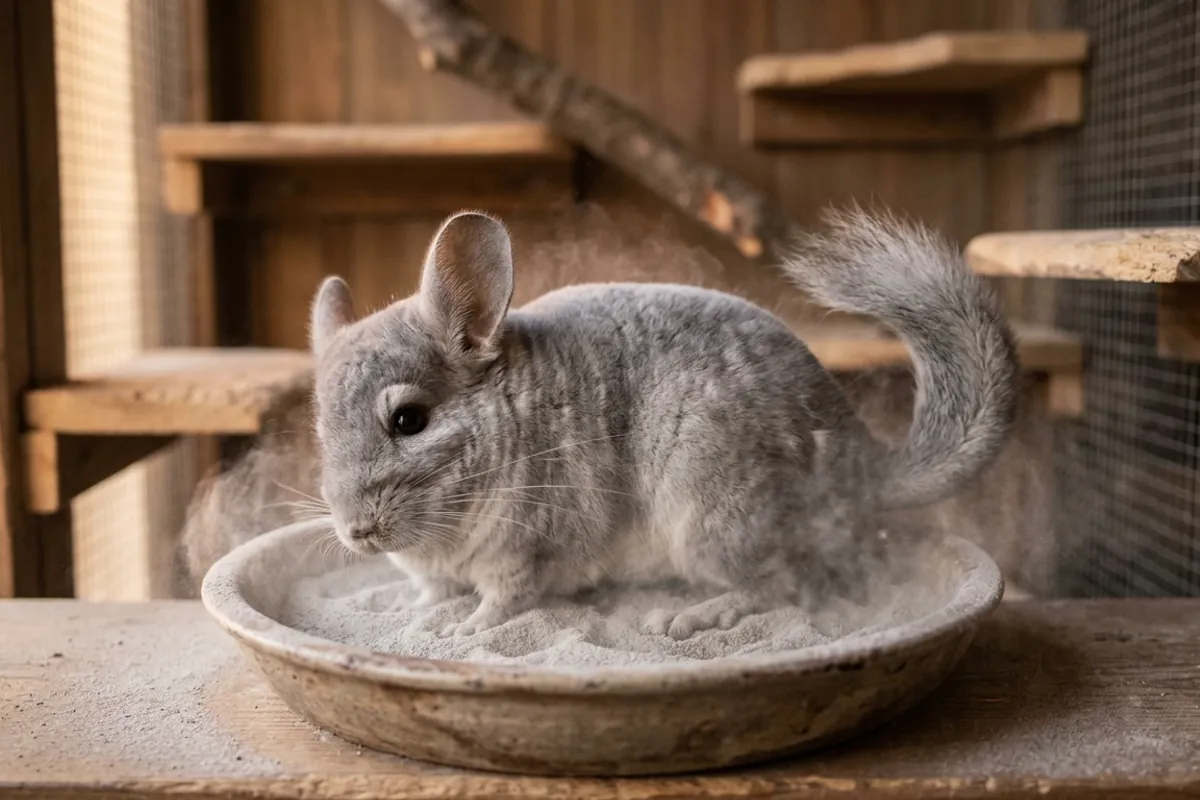 A chinchilla rolling in fine dust, the actual animal behind the soviet chinchilla search.