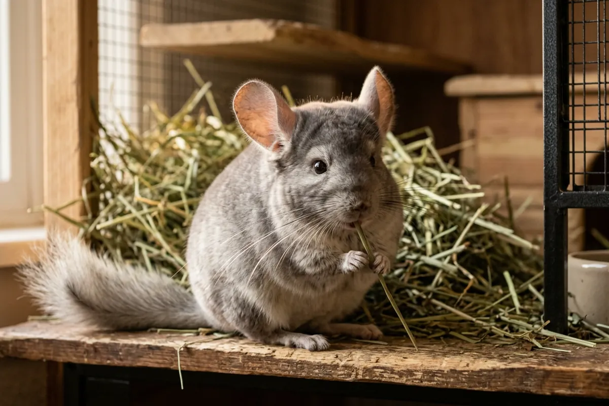 A chinchilla grazing on timothy hay, the same hay-first diet a standard chinchilla rabbit also needs.