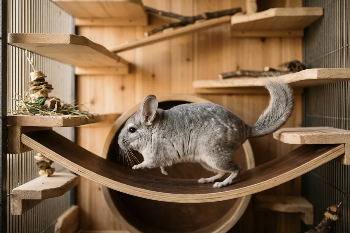 A chinchilla running on a solid surface wheel, the rodent kept very differently from the standard chinchilla rabbit.