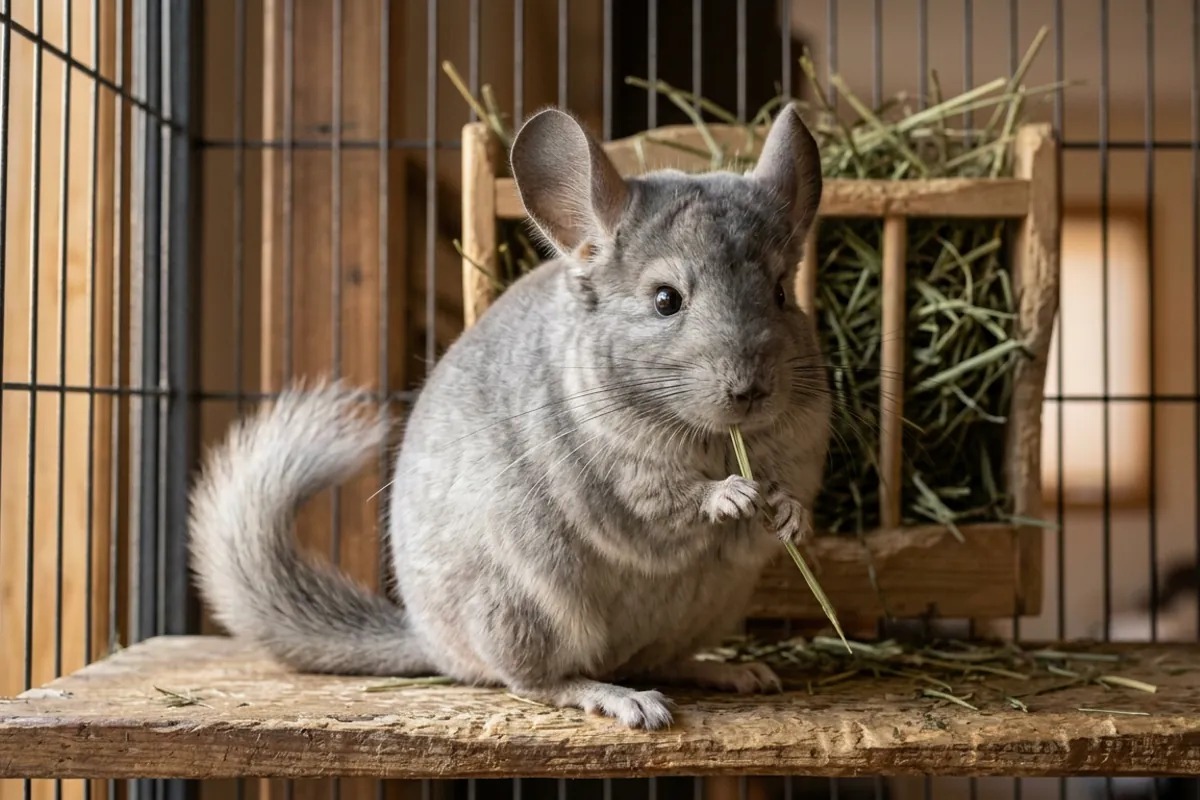 A chinchilla eating hay while holding a strand of timothy hay for chinchillas in its paws