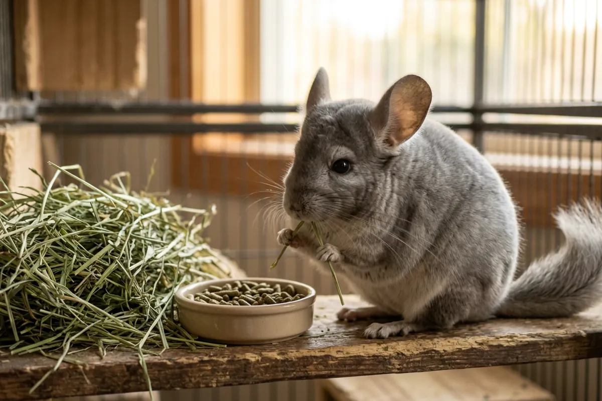 A chinchilla with a pile of hay and a small dish of pellets, showing what chinchillas eat day to day