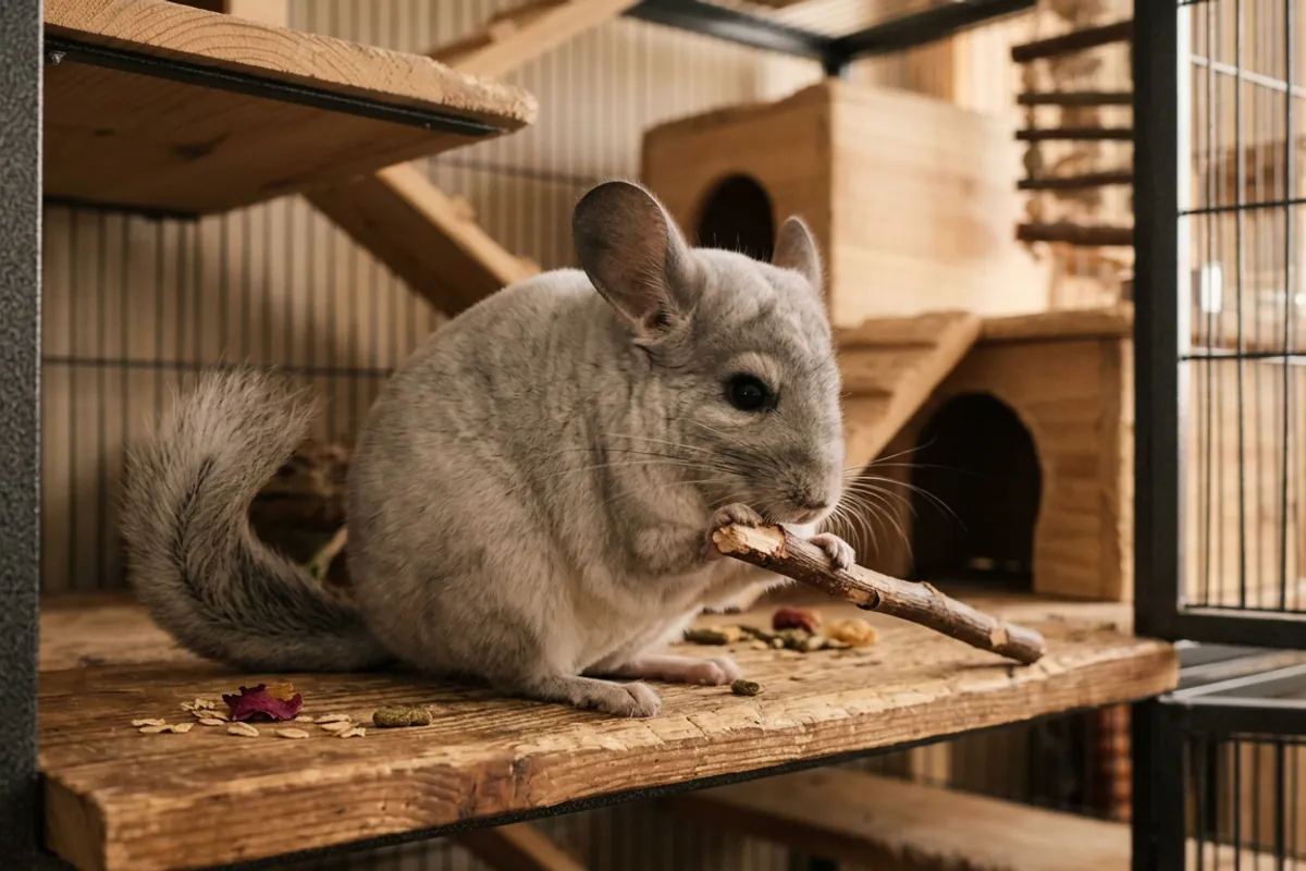 A chinchilla gnawing an apple wood chew, one of the safe things chinchillas can eat and chew