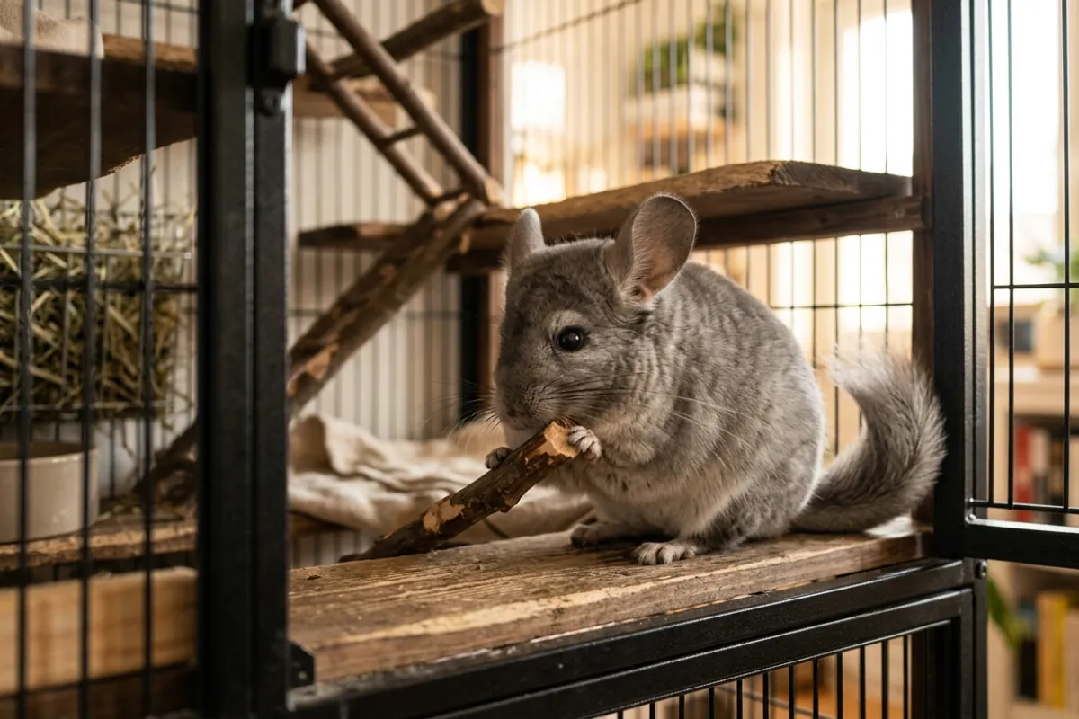 A chinchilla gnaws an apple wood chew, the home stand-in for the tough bark and twigs chinchillas eat in the wild.