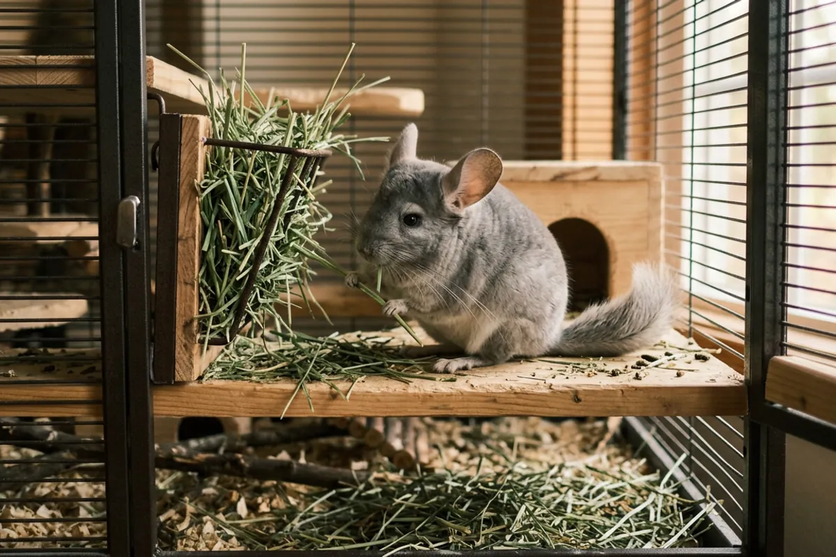 A chinchilla grazes a rack of timothy hay in a tall metal and wood cage, the home version of what chinchillas eat in the wild.