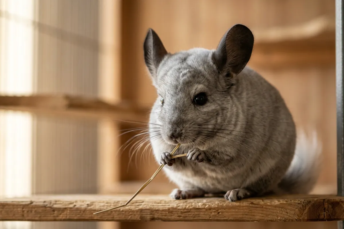 A chinchilla chewing a strand of hay, the main answer to what food can chinchillas eat