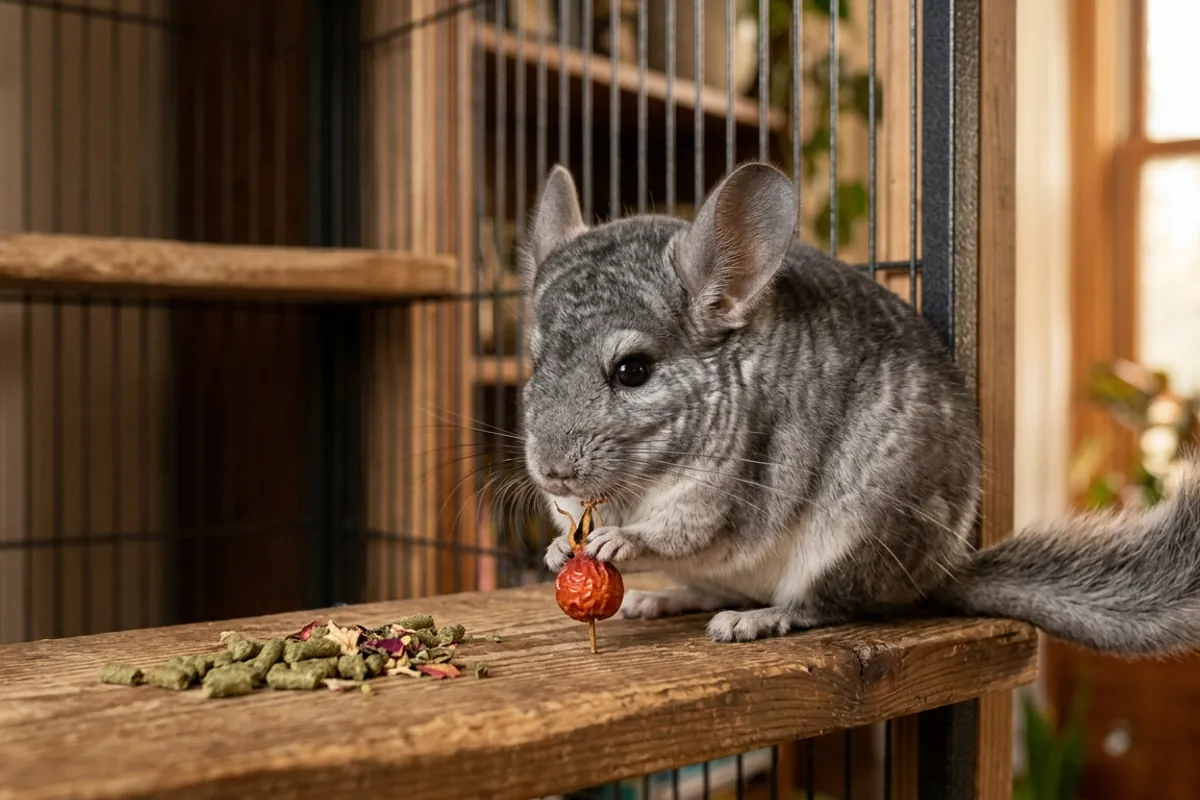 A chinchilla with a tiny treat beside plain pellets, part of what food chinchillas can eat