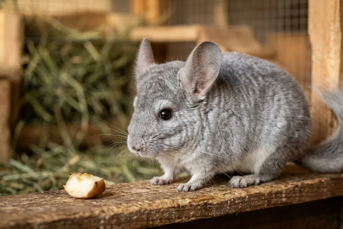 A chinchilla sniffs a raisin-sized piece of apple, about the largest portion of the few fruits chinchillas can eat.