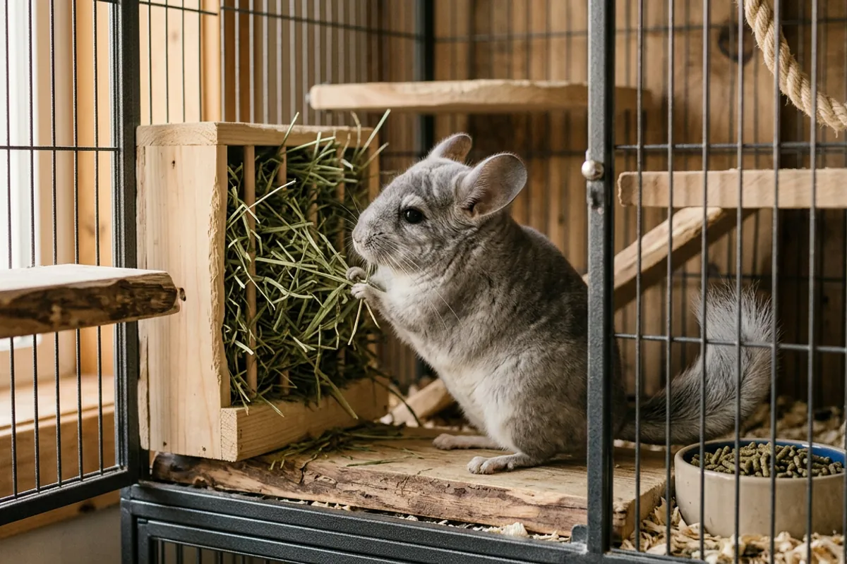 A chinchilla eats from a full hay rack, the diet that matters far more than what fruits chinchillas can eat.