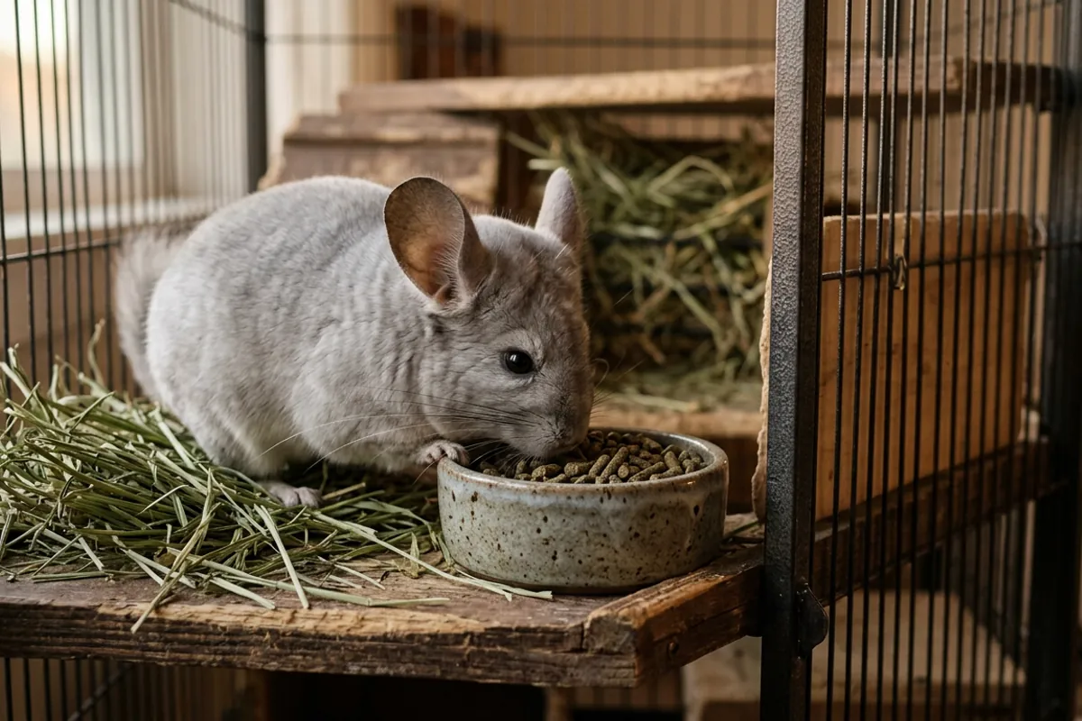 A small ceramic bowl of plain pellets beside grass hay, part of what to feed a chinchilla each day.